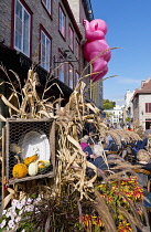 Canada, Quebec Province, Quebec City, Old Quebec City, Vieux Quebec. Place Royale in Basse-Ville, or Lower Town lined with shops and restaurants decorated with pumpkins and autumn foliage for Hallowee...