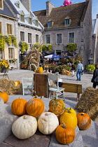 Canada, Quebec Province, Quebec City, Old Quebec City, Vieux Quebec. Place Royale in Basse-Ville, or Lower Town lined with shops and restaurants decorated with pumpkins and autumn foliage for Hallowee...