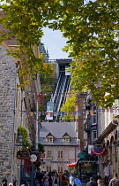 Canada, Quebec Province, Quebec City, Old Quebec City, Vieux Quebec. Rue Sous-le-Fort in Basse-Ville, the Lower Town, leading to the Funiculaire du Vieux Quebec, the Funicular, that joins to the Upper...