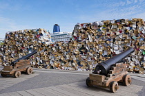 Canada, Quebec Province, Quebec City, Old Quebec City, Vieux Quebec. The artwork CUL-DE-SAC-2024 by Spanish scultor Alicia Martin. A wall of books standing in front of canons on the Royal Battery in B...