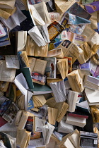 Canada, Quebec Province, Quebec City, Old Quebec City, Vieux Quebec. The artwork CUL-DE-SAC-2024 by Spanish scultor Alicia Martin. A wall of books standing in front of canons on the Royal Battery in B...