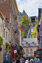 Canada, Quebec Province, Quebec City, Old Quebec City, Vieux Quebec. Rue Sous-le-Fort in Basse-Ville, the Lower Town, leading to the Funiculaire du Vieux Quebec, the Funicular, that joins to the Upper...
