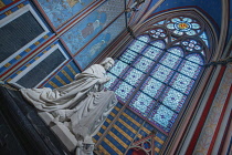 France, Paris, Cathedral de Notre Dame, Stained glass window dedicated to Louis Antoine Cardinal de Noailles, 18th century Archbishop of Paris in the restored cathedral after the fire of 2019.