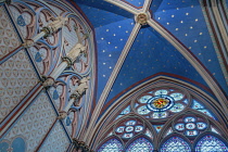 France, Paris, Cathedral de Notre Dame, Stained glass window dedicated to Louis Antoine Cardinal de Noailles, 18th century Archbishop of Paris in the restored cathedral after the fire of 2019.