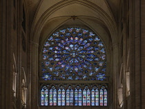 France, Paris, Cathedral de Notre Dame, Stained glass in the South Rose window of the restored cathedral after the fire of 2019, the south rose, also known as the "midday rose", was given to Notre-Dam...