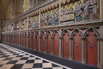 France, Paris, Cathedral de Notre Dame, North wall of the choir enclosure which created a screen of silence for services in the choir, the wall is illustrated with Gospel scenes in the restored cathed...
