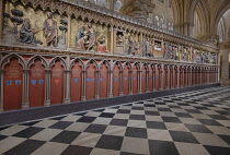 France, Paris, Cathedral de Notre Dame, North wall of the choir enclosure which created a screen of silence for services in the choir, the wall is illustrated with Gospel scenes in the restored cathed...