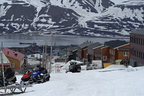 Norway, Svalbard, Longyearbyen, View down Aventdalen valley towards town and Adventfjorden.