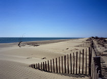 France, Cote D'Azur, Bouches-du-Rhone, Rhone Estuary, Fencing to prevent sand drift erosion.