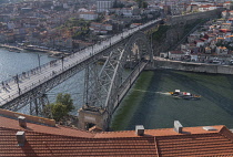 Portugal, Porto, Dom Luis I Bridge or Ponte de Dom Luis I, Double-deck metal arch bridge over the Rver Douro which was opened in 1886 and is seen here from the esplanade of the Monastery of Serra do P...