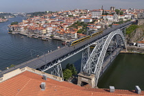 Portugal, Porto, Dom Luis I Bridge or Ponte de Dom Luis I, Double-deck metal arch bridge over the Rver Douro which was opened in 1886 and is seen here from the esplanade of the Monastery of Serra do P...