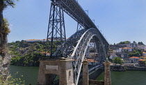 Portugal, Porto, Dom Luis I Bridge or Ponte de Dom Luis I, Double-deck metal arch bridge over the River Douro which was opened in 1886 and is seen here from the Ribeira side of the river.