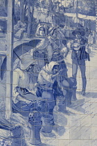 Portugal, Porto, Sao Bento railway station built in the early years of the 20th century with detail of one of the large panels of around twenty thousand azulejo tiles designed and painted by Jorge Col...