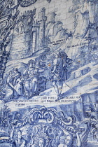 Portugal, Porto, Se do Porto or Porto Cathedral, Gothic cloister decorated with baroque azulejo tiles by Valentim de Almeida between 1729 and 1731, detail of one of the tile sections.