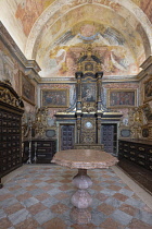 Portugal, Porto, Se do Porto or Porto Cathedral, Sacristy with vault and mural baroque painting and wooden cabinets with gilded carvings.
