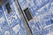 Portugal, Porto, Side wall of the 18th century azulejo clad Capela das Almas or Chapel of Souls but also known as the Chapel of Santa Catarina featuring 15,947 azulejo tiles designed by Eduardo Leite.
