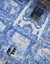Portugal, Porto, Side wall of the 18th century azulejo clad Capela das Almas or Chapel of Souls but also known as the Chapel of Santa Catarina featuring 15,947 azulejo tiles designed by Eduardo Leite.
