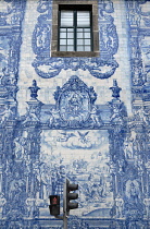 Portugal, Porto, Side wall of the 18th century azulejo clad Capela das Almas or Chapel of Souls but also known as the Chapel of Santa Catarina featuring 15,947 azulejo tiles designed by Eduardo Leite.