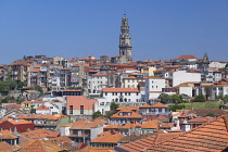 Portugal, Porto, Torre de Clerigos seen from the Terreiro da Se which is the square in front of Porto Cathedral.