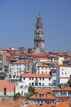 Portugal, Porto, Torre de Clerigos seen from the Terreiro da Se which is the square in front of Porto Cathedral.