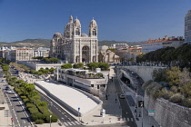 France, Provence, Marseille, Marseille Cathedral or the Cathedral of Sainte Marie Majeure or in English Cathedral of the Major built btween 1852 and 1893 and viewed here from Fort St Jean.