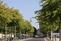Germany, Berlin, Fernsehturm TV Tower looking over the Spree River